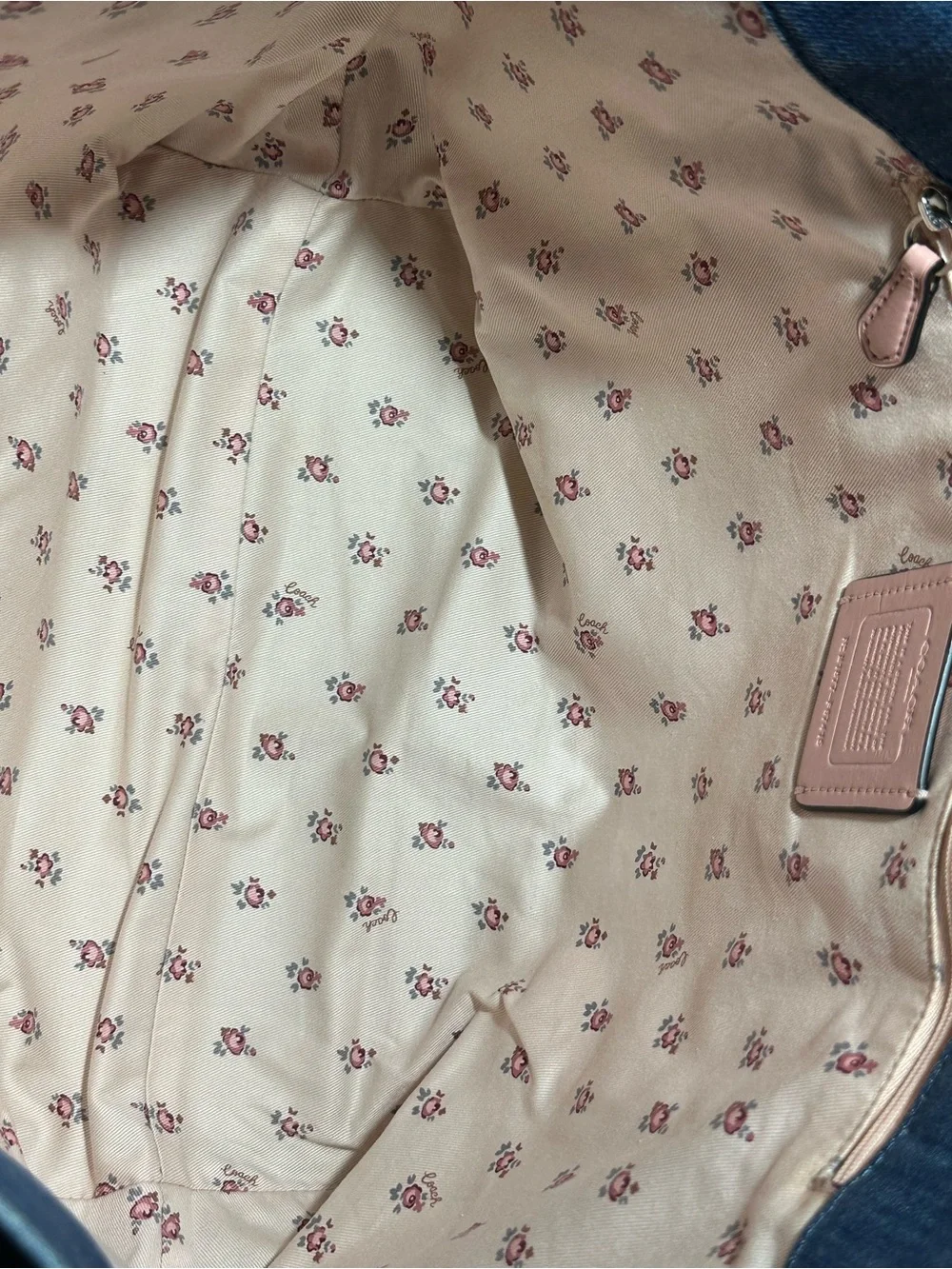 Coach Denim Logo Tote in Blue with Navy Trim and Beautiful Floral Interior